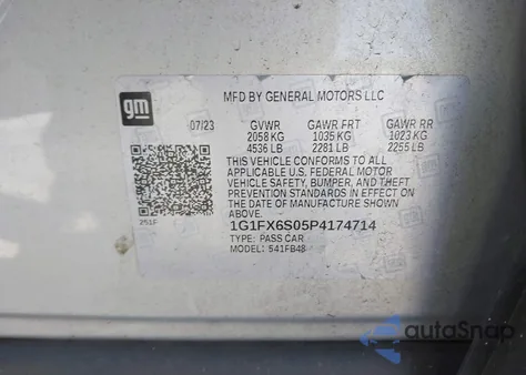 2023 Chevrolet Bolt Ev Fwd 2Lt из США, поврежденный, VIN 1G1FX6S05P4174714